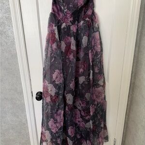 Lulu's Strapless Floral Gown in Black and Purple
